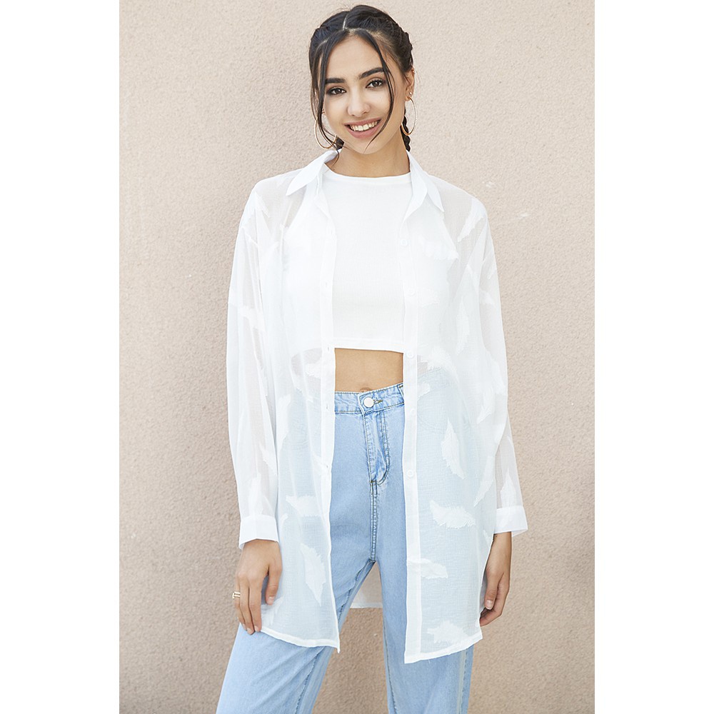Áo sơ mi Lovito vải voan chống nắng màu trơn L02135 (Màu trắng) | BigBuy360 - bigbuy360.vn