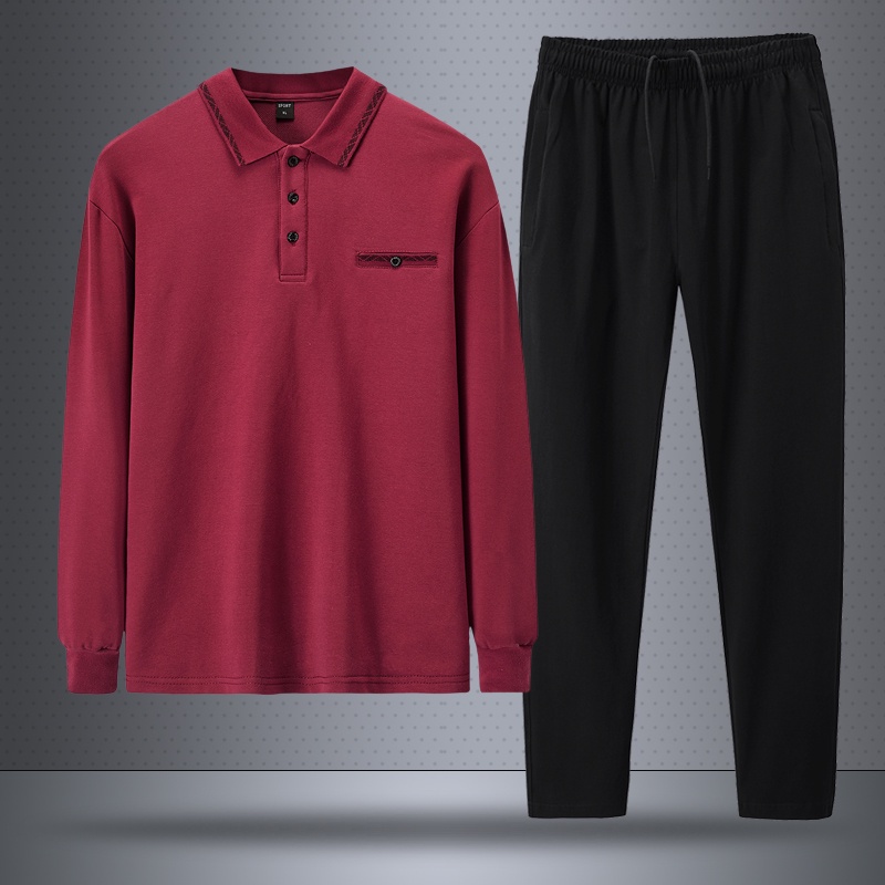 Nam giới mùa thu 2021 Bộ 2 mảnh Áo sơ mi Polo + Quần dài thể thao Áo thun cotton giản dị DAD Món quà mặc
