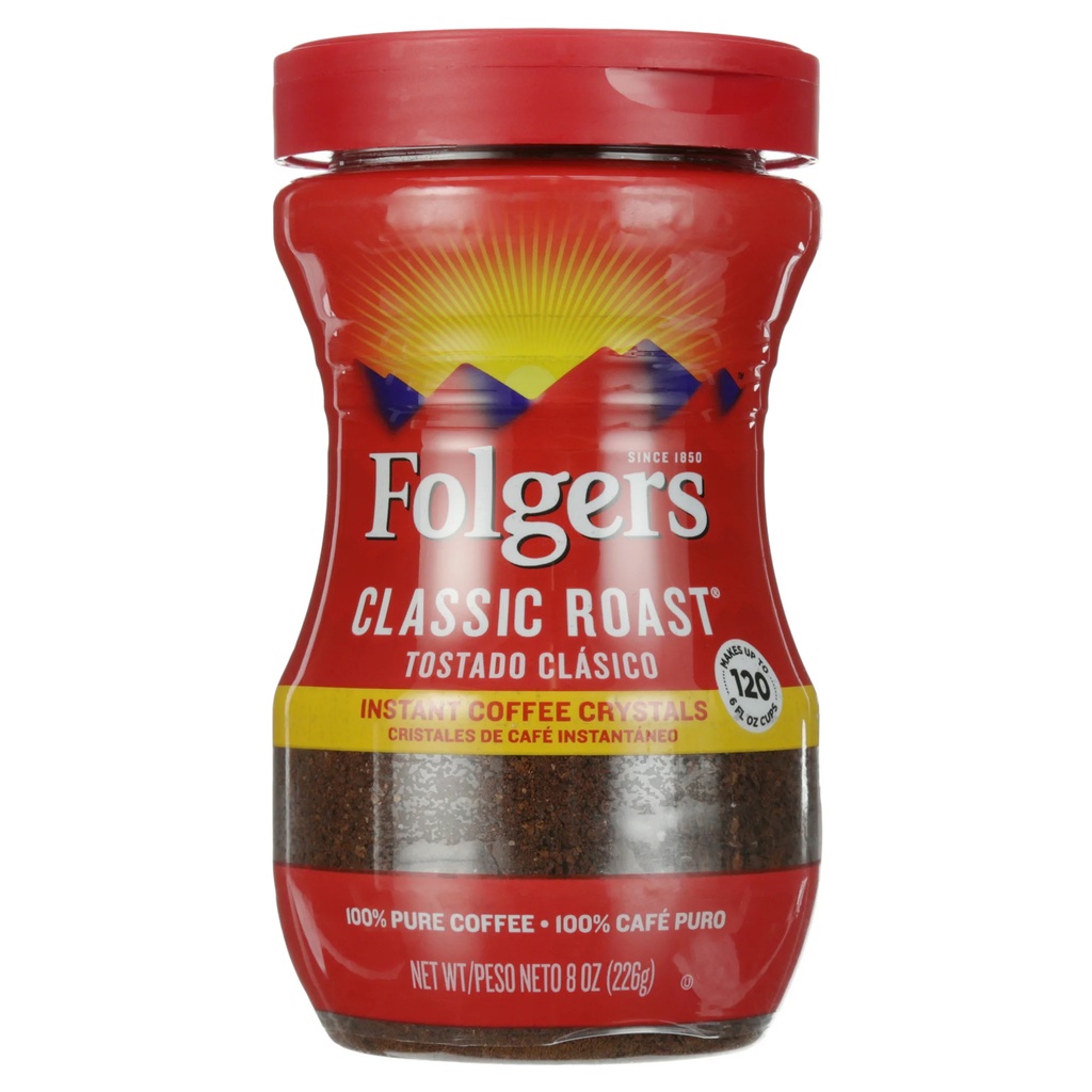 Cà Phê Đen Hòa Tan Uống Liền Folgers Classic Roast Instant Coffee Crystals, Hộp 226g