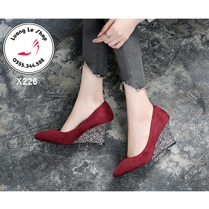 Sandal đế xuồng 5cm mũi nhọn da lộn đế nhũ 2 loại 5cm và 8cm 5 màu đen vàng đỏ da xám ms X226