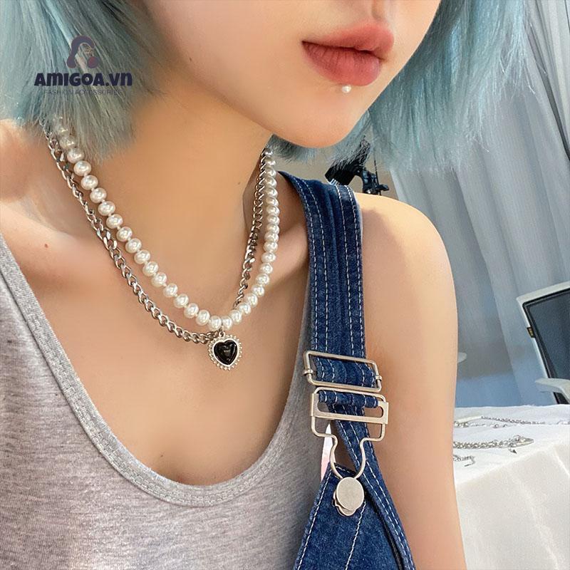 ✨✨Vòng cổ Hai Lớp Mặt Hình Trái Tim Màu Đen Đính Ngọc Trai Phong Cách Hip Hop Cổ Điển Thời Trang Cho Nữ