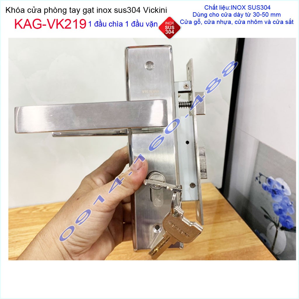 Khóa cửa tay gạt inox KAG-VK219, khóa cửa trọn bộ thân+ tay ốp + ruột khóa Vickini