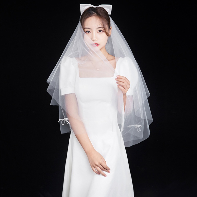 Mạng Che Mặt Vải Tuyn 2 Lớp Phối Ruy Băng Trang Trí Tiệc Cưới