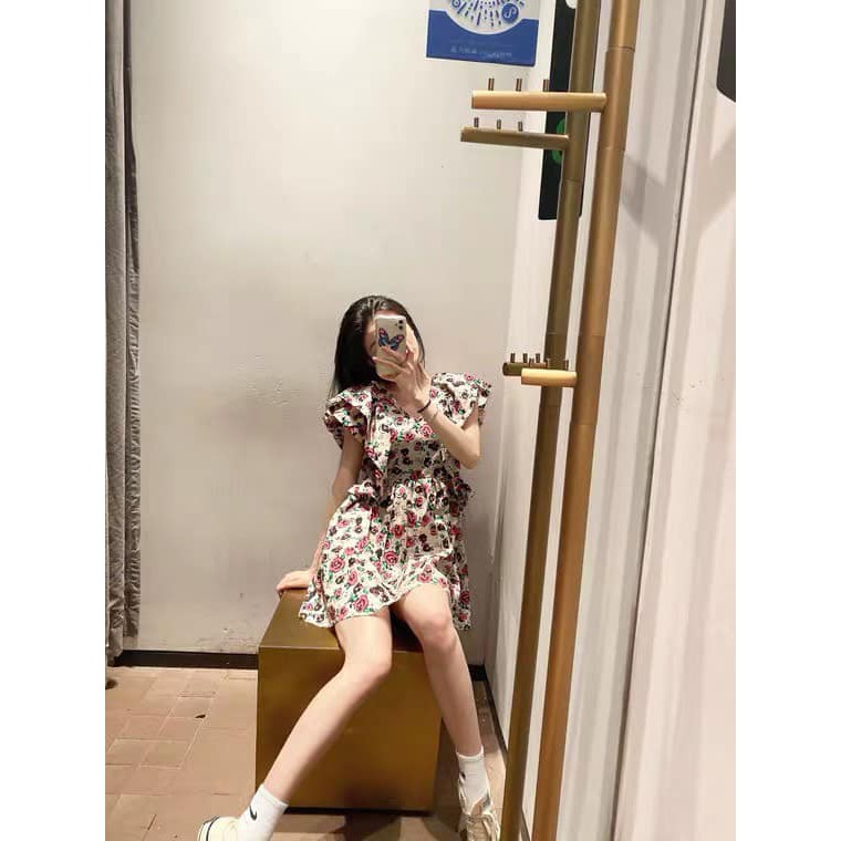 Váy đầm nữ họa tiết Hoa Hồng Tay Bồng Cánh Tiên Chun Eo Chất Lụa Hàn Cao Cấp