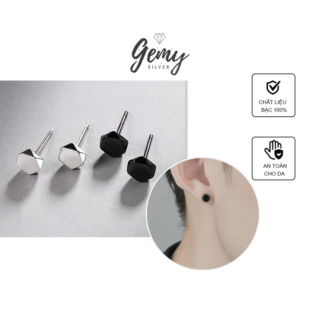 Khuyên tai nam bạc 925 màu đen lục lăng đơn giản, unisex (1 chiếc) | GEMY SILVER KN34