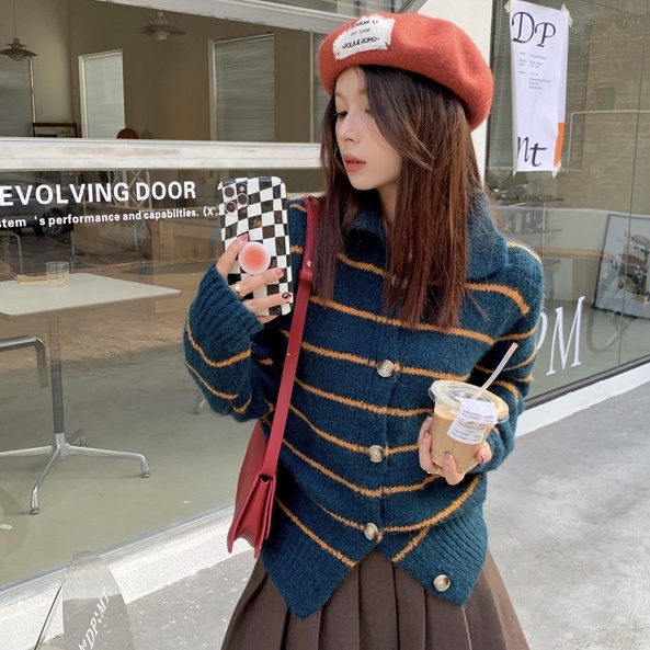 ZHELIHANGFEI Áo Sweater Dệt Kim Tay Dài Dáng Rộng Cổ POLO Họa Tiết Kẻ Sọc Dễ Phối Đồ Thẻ