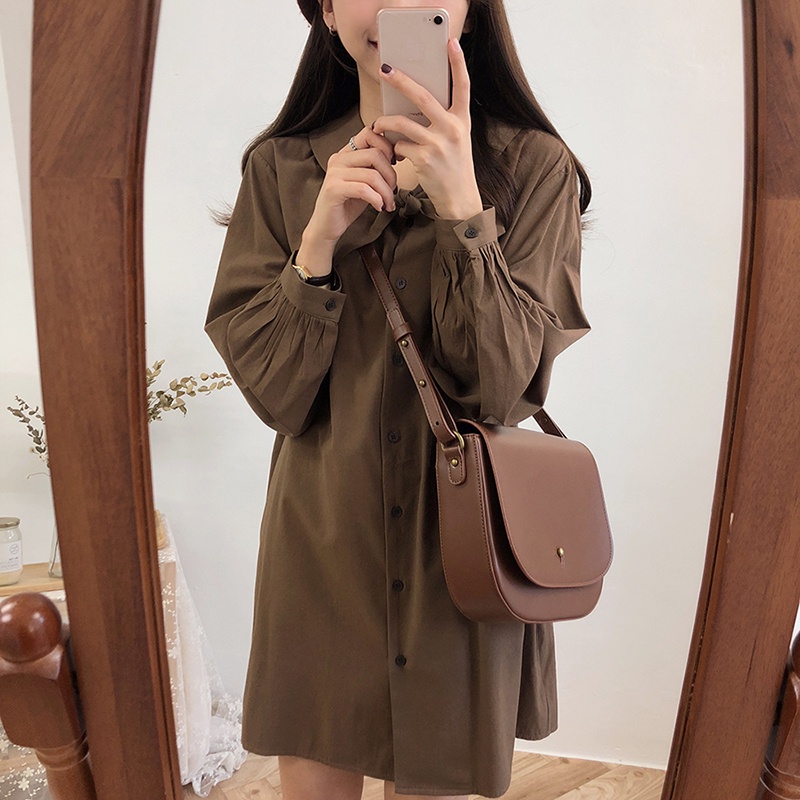 SUXI Đầm Tay Dài Dáng Rộng Màu Sắc Đơn Giản Phong Cách Vintage Hàn Quốc