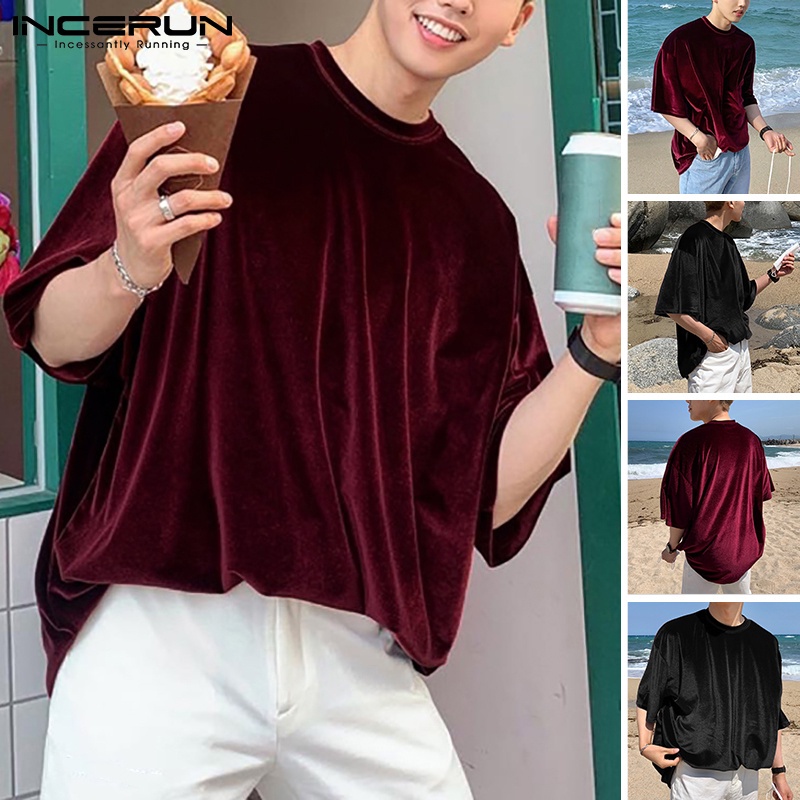 Áo INCERUN vải nhung dáng rộng tay ngắn cổ tròn màu trơn thời trang cho nam