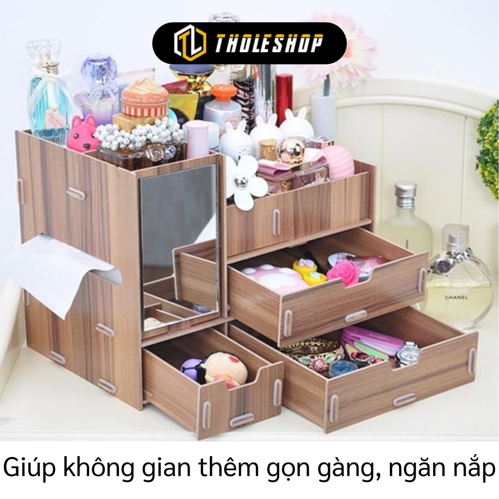 Hộp Đựng Mỹ Phẩm -  Hộp Gỗ Đựng Trang Sức, Đồ Trang Điểm Có Gương Để Bàn 4986