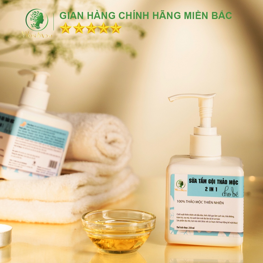 [ Giảm 35K - Đơn 339K ] Sữa tắm gội thảo mộc 2 in 1 cho bé Wonmom 250ml