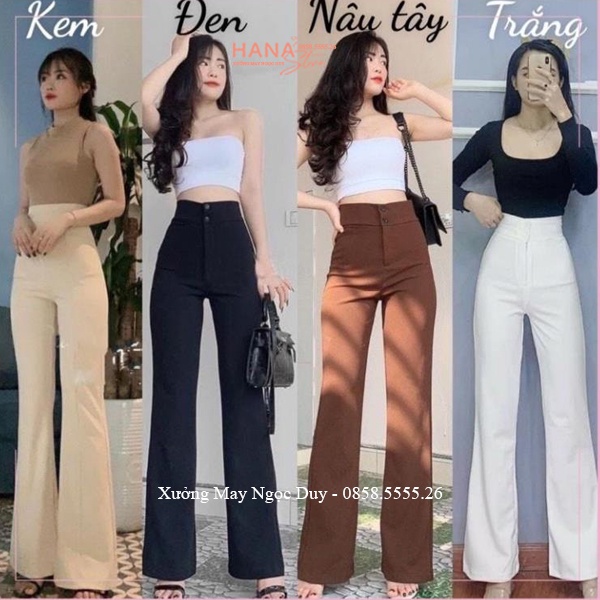 Quần ống loe cạp cao nữ đen dáng dài 2 nút cách điệu cá tính - Quần tây công sở nữ ống vảy loe lưng cao đi học hack dáng
