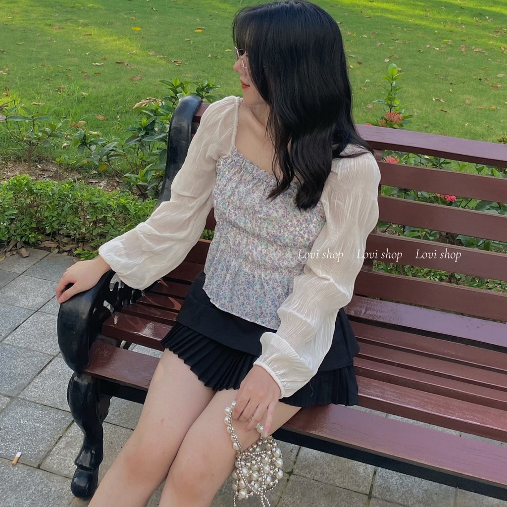 LOVI SHOP - Áo kiểu hoa nhí nhún phối tay voan dài tiểu thư xinh xắn nhiều màu  nhà LOVI