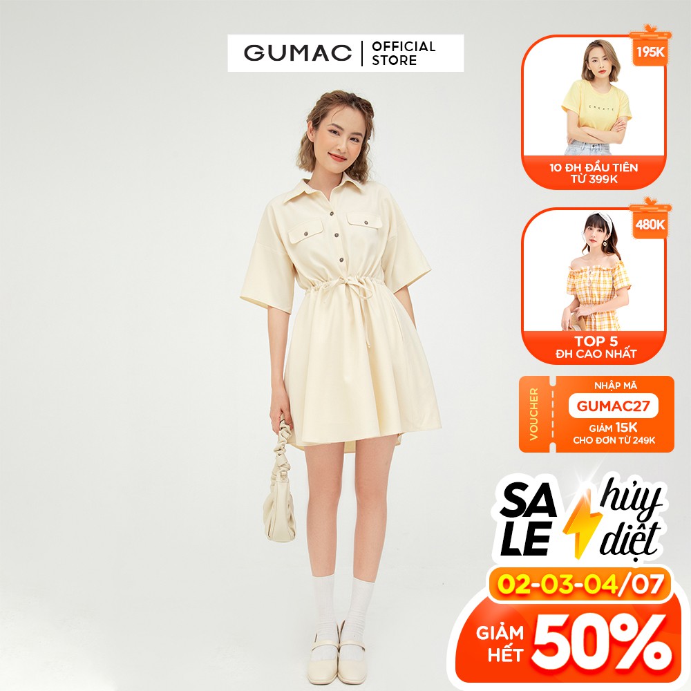 [Mã WABRGU72 giảm 10% tối đa 50k đơn 250k] Đầm sơ mi nữ rút eo GUMAC màu kem tay lỡ DB5109