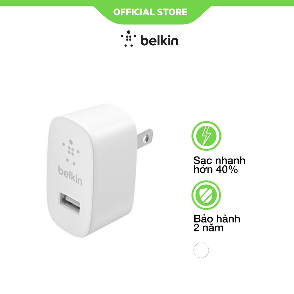 Củ sạc nhanh Belkin 12W USB-A trắng cho iPhone/iPad - WCA002dqWH - Hàng chính hãng - BH đổi mới 2 năm