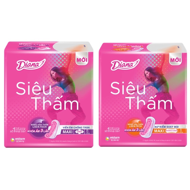 BĂNG VỆ SINH DIANA SIÊU THẤM MAXI 8 MIẾNG CÓ CÁNH/ KHÔNG CÁNH