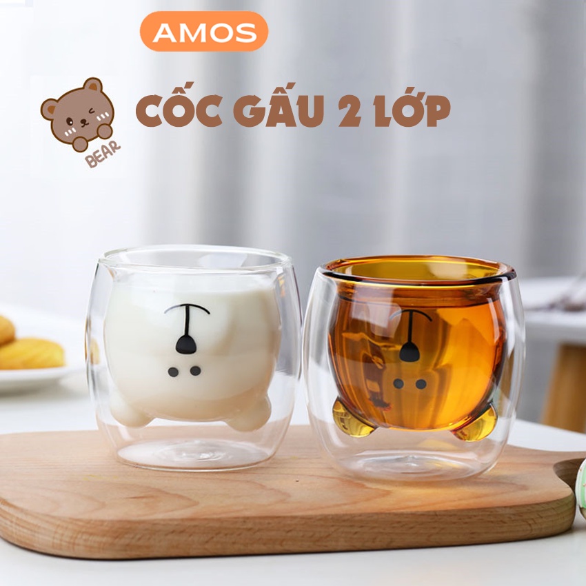 Ly thủy tinh AMOS cốc thủy tinh hình gấu cute, ly thủy tinh 2 lớp chống nóng 250ml