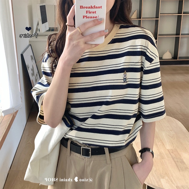 SUXI Áo thun vải cotton cổ tròn ngắn tay dáng rộng họa tiết kẻ sọc đơn giản thời trang mùa hè