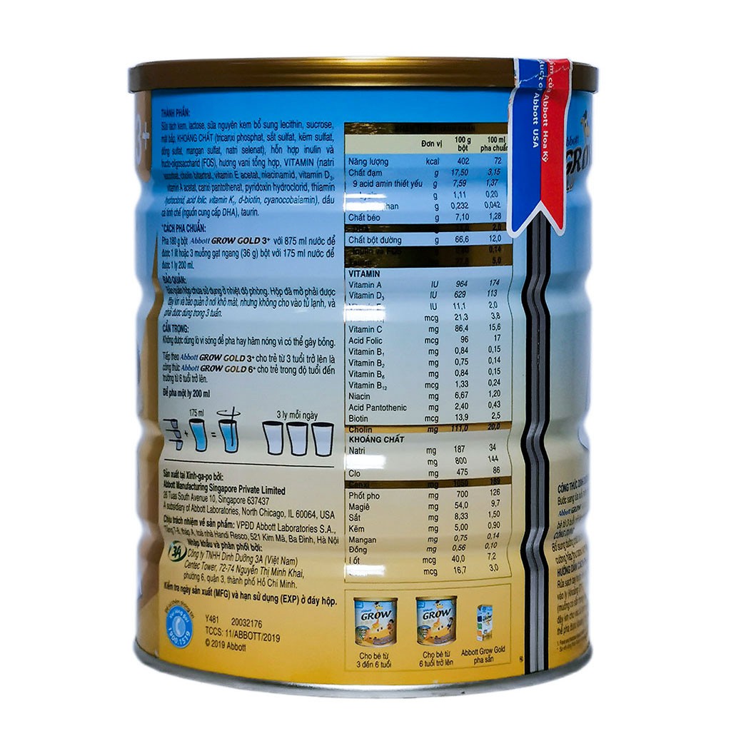 SỮA BỘT ABBOTT GROW GOLD 3+/6+ 900G