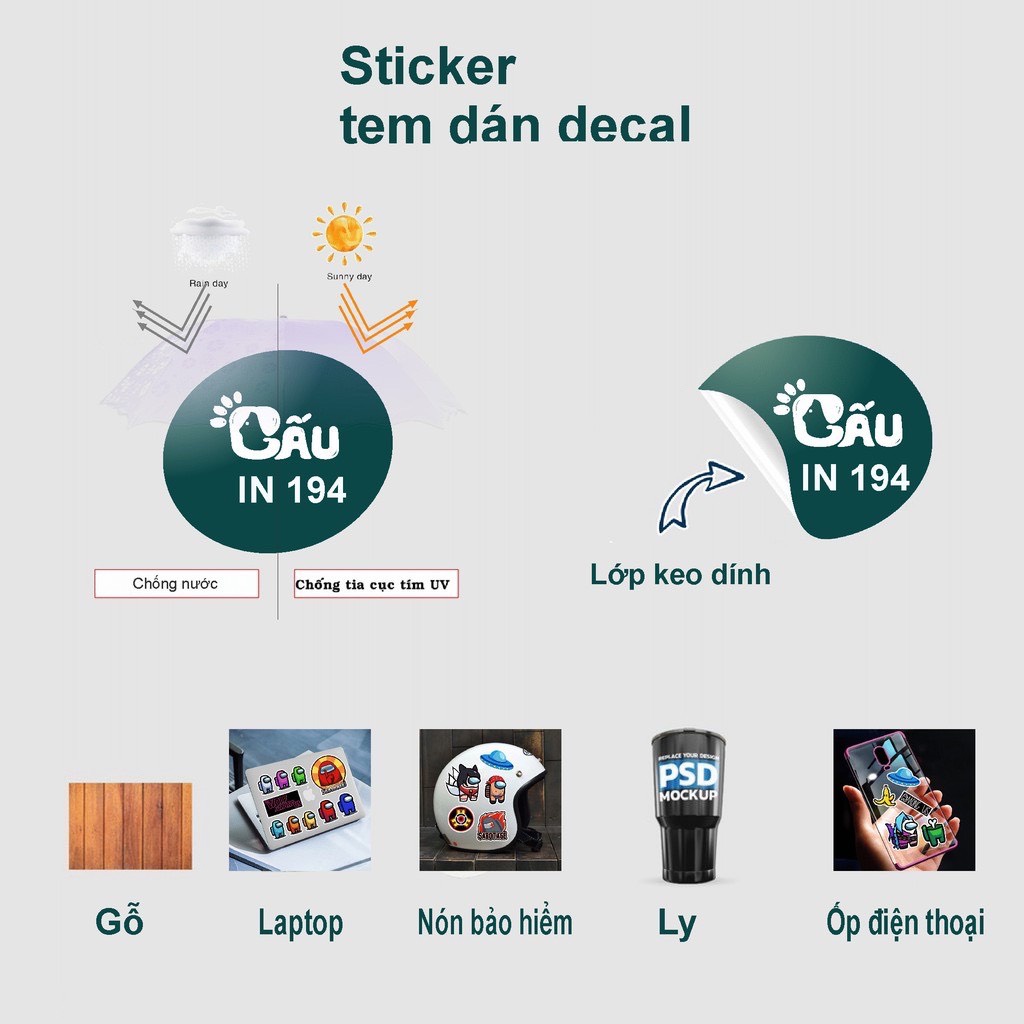 In tem nhãn IN194 dán sticker theo yêu cầu các loại decal sữa, nhựa, trong, giấy ảnh có cán màng kháng nước