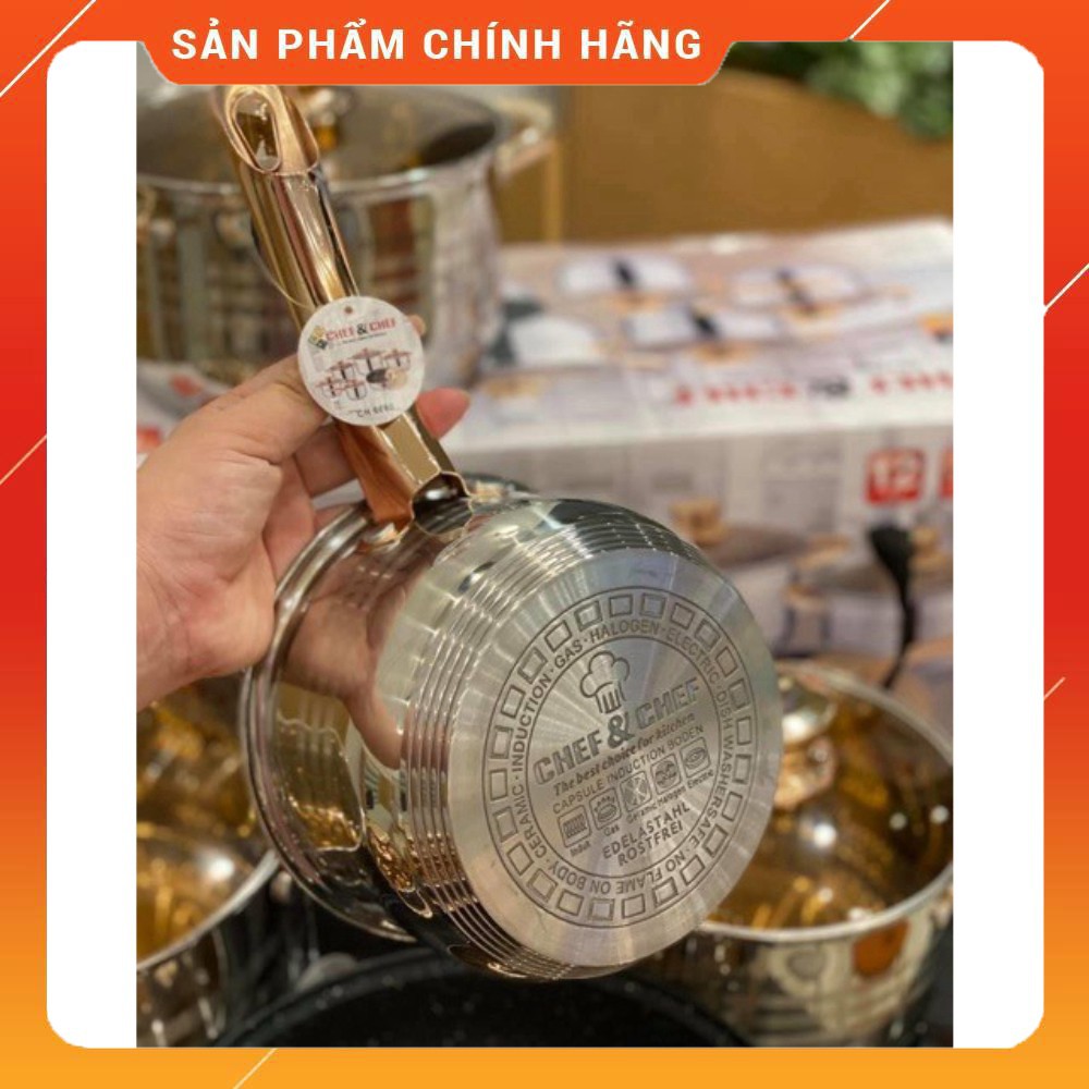 [ VÔ ĐỊCH GIÁ ] Bộ Nồi Inox 6 Món, 12 Chi Tiết, Vung Kính Vàng, Đáy 5 Lớp. Thương Hiệu Chef &amp; Chef. Công Nghệ Đức [ HÀNG
