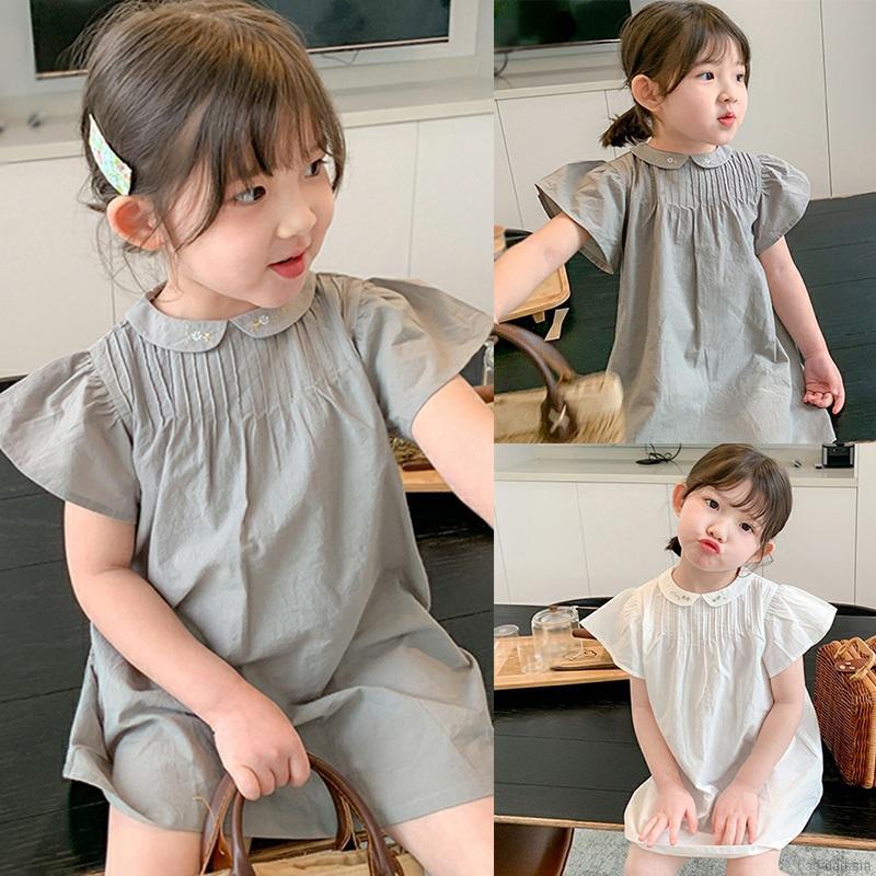 Đầm Bé Gái Cổ Búp Bê Thêu Họa Tiết Đơn Giản Xinh Xắn Phong Cách Hàn Quốc