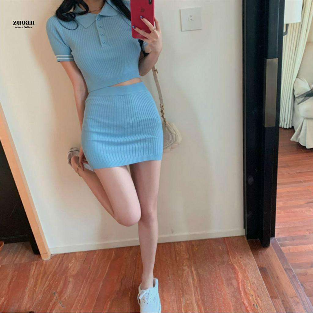 SUXI Bộ Áo Dệt Kim Kẻ Sọc + Chân Váy Lưng Cao Thời Trang Mùa Hè Cho Nữ