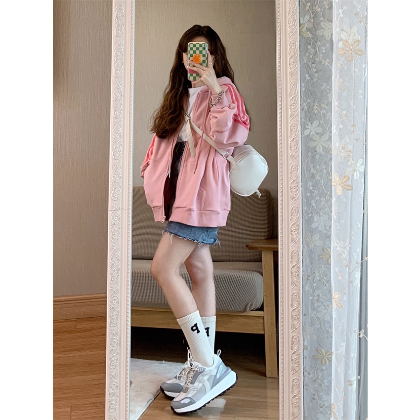 Áo Khoác Hoodie Dáng Rộng Phối Khóa Kéo Màu Hồng Dễ Phối Đồ Cho Nữ | BigBuy360 - bigbuy360.vn