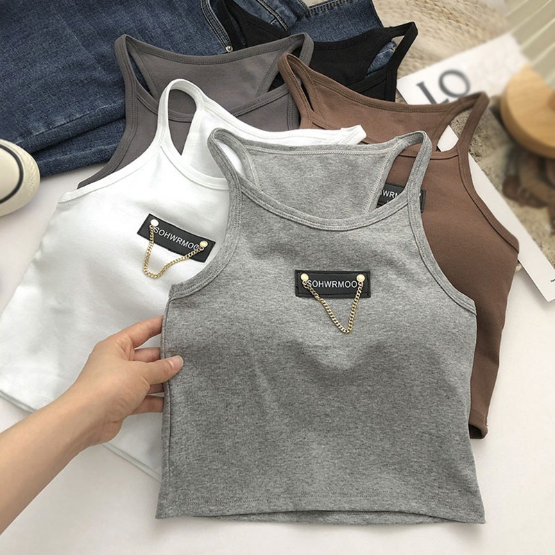 Áo Croptop Hai Dây Ôm Dáng Phối Dây Xích Và Đệm Ngực In Chữ Phong Cách Hàn Quốc Cho Nữ