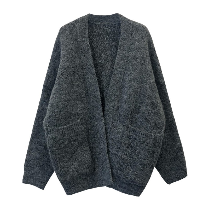 Hot sale 2021 Áo khoác cardigan len dày dặn không khuy cổ V form rộng dài vừa hai túi style retro Hàn Quốc sang trọng