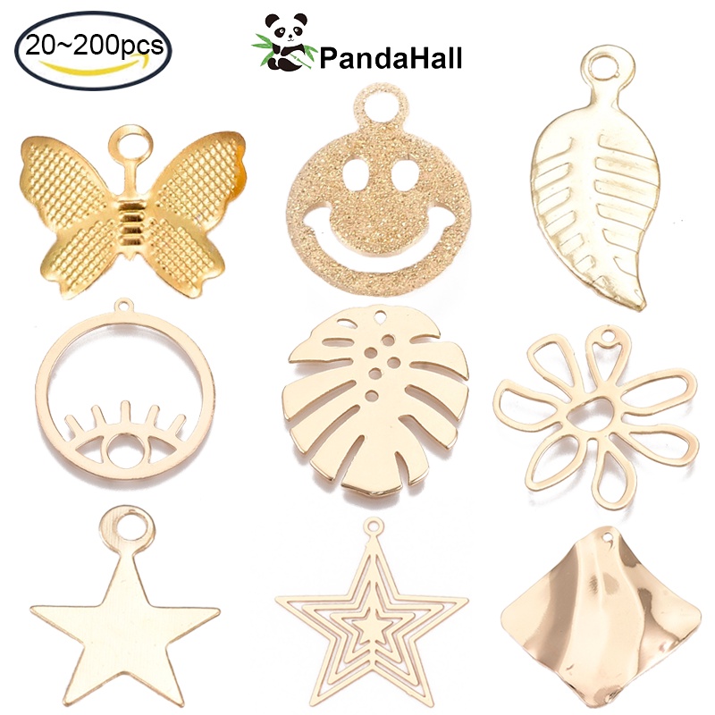 PandaHall 20 ~ 200pcs Iron Charms for DIY Jewelry Making Nickel Free Star / Leaf / Flower Light Gold Color For Jewelry Making- 10x8x0.5mm/14x6x0.5mm, Hole: 1mm
