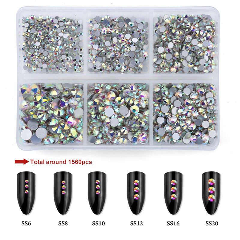 Hộp 1560 Hạt Kim Cương Giả Mặt Kính Đáy Phẳng Nhiều Kích Cỡ Đính Móng Tay Trang Trí DIY