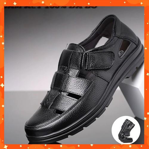 Giày nam mùa hè da bò đế cao su khâu