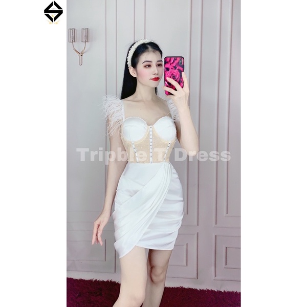 TRIPBLE T DRESS - Đầm body form ngắn mini cúp bra phối lông tua rua gợi cảm - size M/L -MS374V