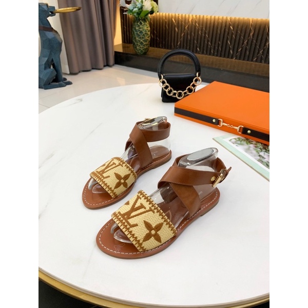 Sandal nữ Louis Vuitton LV da thật cao cấp phối quai cói mẫu mới 2021
