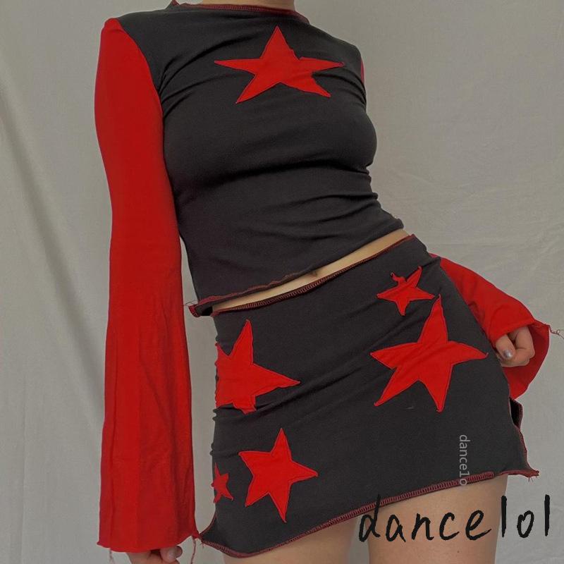 Set Áo Croptop + Chân Váy Xẻ Tà In Họa Tiết Ngôi Sao Thời Trang Cho Nữ 1O1-Grunge 2000s