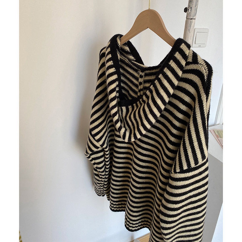 Áo Khoác Len Cardigan Có Khóa Kéo Dáng Rộng Họa Tiết Kẻ Sọc Thời Trang Cho Nữ