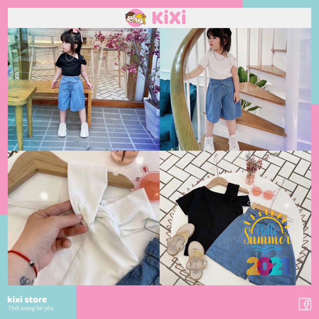 Đồ bộ bé gái KIXI set quần jean áo cộc cotton co dãn 4 chiều bộ quần áo cho bé gái CMQA10