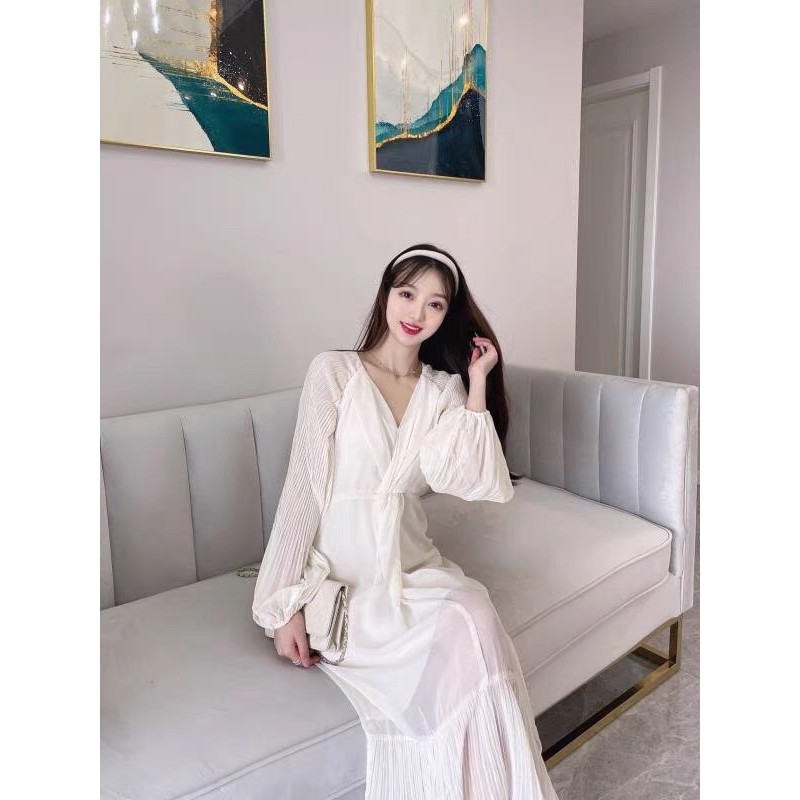 Ảnh thật: Đầm maxi tay bồng chiffon đuôi cá-ORD