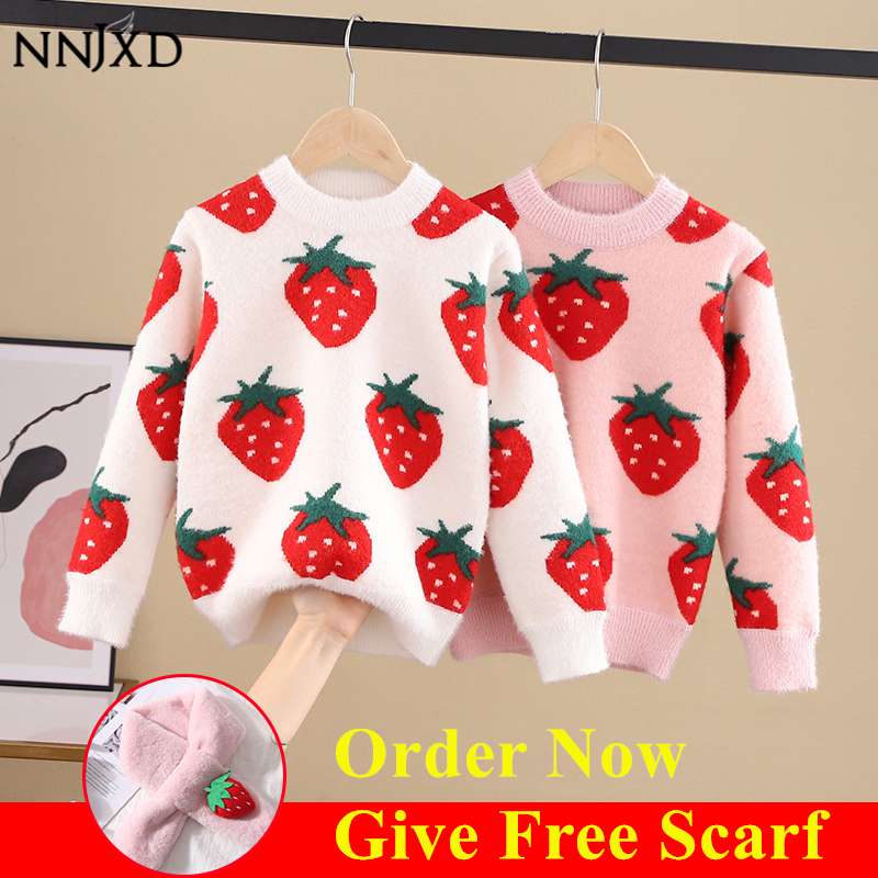 Bộ Áo Sweater Phối Khăn Choàng Cổ Nnjxd Hoạ Tiết Quả Dâu Tây Dễ Thương Dành Cho Bé Gái