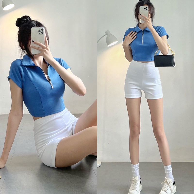 Áo Thun Croptop Polo Phối Khoá Kéo Tay Ngắn Siêu Chất