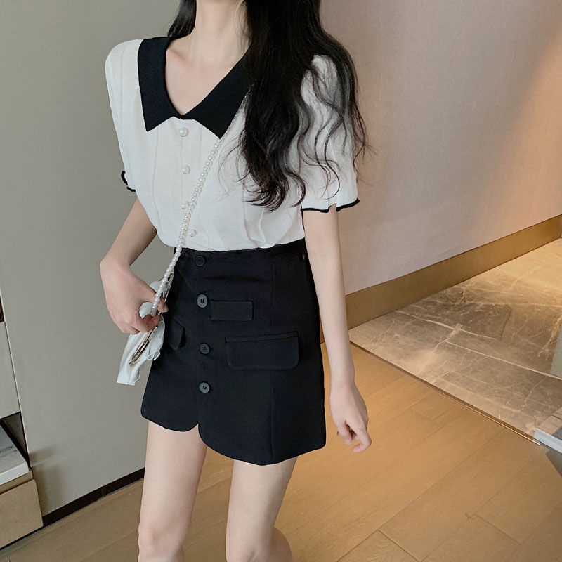 Áo thun dệt kim tay ngắn cổ Polo phối màu trắng đen thời trang cho nữ