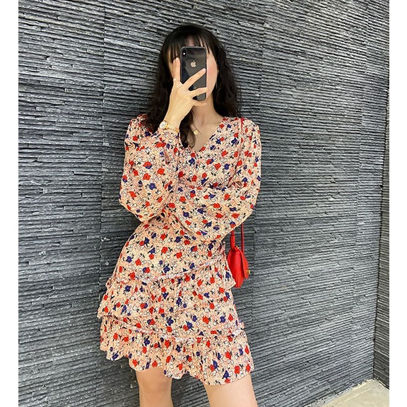 Đầm lụa hoa bi ngắn màu hồng H329 Hỉn Hỉn Store