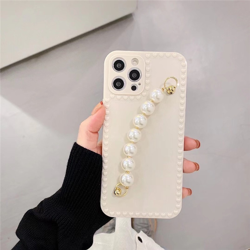 Ốp điện thoại TPU mềm siêu mỏng chống sốc chống rơi đính ngọc trai gắn dây đeo thời trang cho 13 12 11 Pro Max X XR 8 7 6 Plus