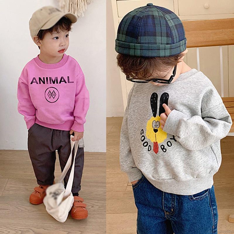 Áo nỉ dài tay cổ tròn in hình hoạt hình phong cách Hàn Quốc cho bé