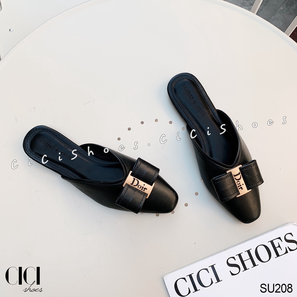 Giày sục nữ CiCi Shoes, dép sục da lì mũi thon nơ ngang - SU208