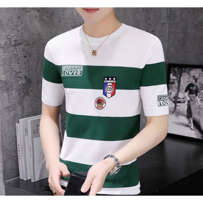 Áo Thun Lụa Lạnh Tay Ngắn Cổ Tròn Ôm Dáng Thêu Họa Tiết Kẻ Sọc Ngang Phong Cách Mới Mùa Hè Cho Nam