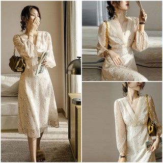 Đầm hoa nhí cổ V buộc eo
