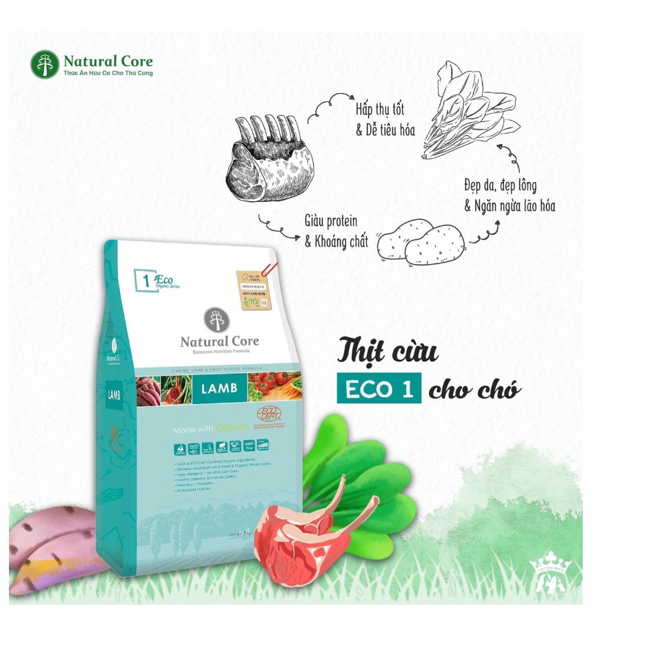 10kgTHỨC ĂN HỮU CƠ NATURAL CORE CHO CHÓ THỊT CỪU chế biến từ các loại thịt tươi và nguyên liệu được chứng nhận hữu cơ.