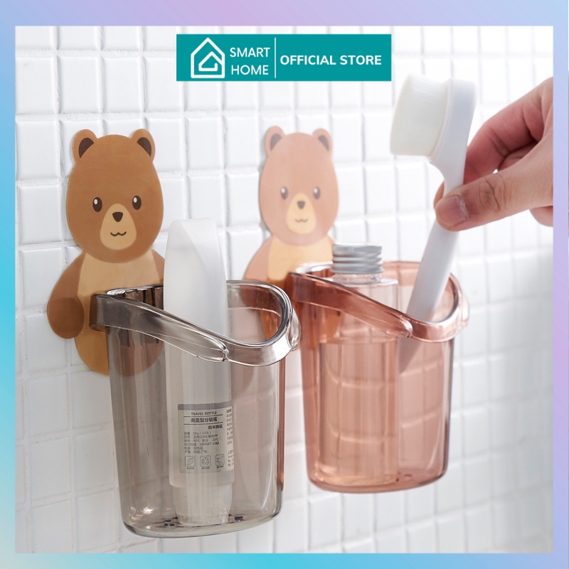 Ly Gấu Dán Tường Nhà Tắm - Cốc Gấu Đựng Bàn Chải Kem Đánh Răng Gắn Tường Cute- NHỰA AN TOÀN LOẠI 1