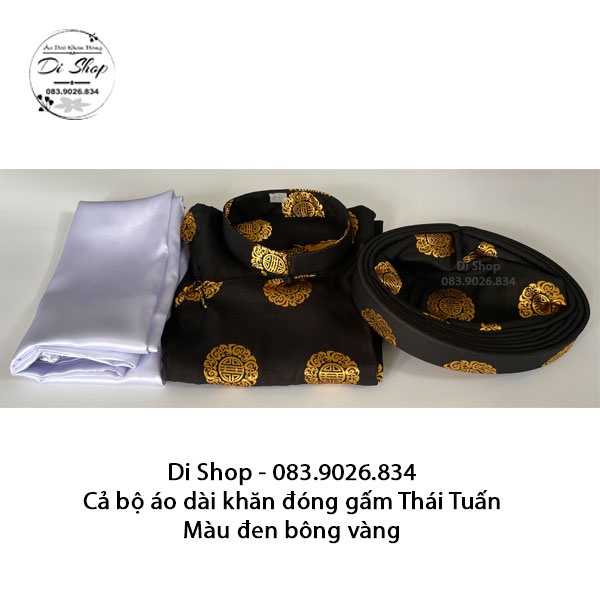 Cả bộ Áo dài khăn đóng gấm Thái Tuấn gồm ( áo+khăn+quần) - MÀU ĐEN BÔNG VÀNG